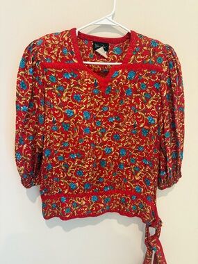 Vintage Silk Red Floral Tie-Hem Blouse with Blue Accents